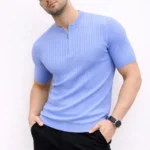 Erkek Kısa Kol Fitilli Triko T-Shirt Yazlık Hakim Yaka Tişört - Bebek Mavisi