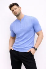 Erkek Kısa Kol Fitilli Triko T-Shirt Yazlık Hakim Yaka Tişört - Bebek Mavisi