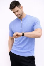 Erkek Kısa Kol Fitilli Triko T-Shirt Yazlık Hakim Yaka Tişört - Bebek Mavisi - Görsel 3