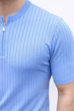 Erkek Kısa Kol Fitilli Triko T-Shirt Yazlık Hakim Yaka Tişört - Bebek Mavisi - Görsel 4