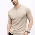 Erkek Kısa Kol Fitilli Triko T-Shirt Yazlık Hakim Yaka Tişört - Bej