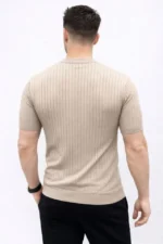 Erkek Kısa Kol Fitilli Triko T-Shirt Yazlık Hakim Yaka Tişört - Bej - Görsel 2