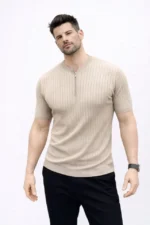 Erkek Kısa Kol Fitilli Triko T-Shirt Yazlık Hakim Yaka Tişört - Bej - Görsel 3