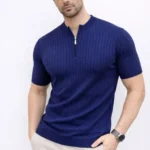 Erkek Kısa Kol Fitilli Triko T-Shirt Yazlık Hakim Yaka Tişört - Lacivert