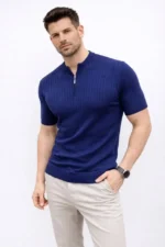 Erkek Kısa Kol Fitilli Triko T-Shirt Yazlık Hakim Yaka Tişört - Lacivert - Görsel 2