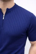 Erkek Kısa Kol Fitilli Triko T-Shirt Yazlık Hakim Yaka Tişört - Lacivert - Görsel 3