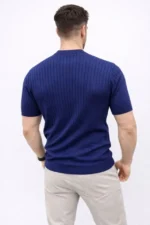 Erkek Kısa Kol Fitilli Triko T-Shirt Yazlık Hakim Yaka Tişört - Lacivert - Görsel 4