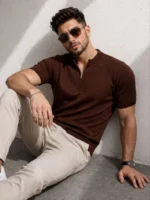 Erkek Kısa Kol Fitilli Triko T-Shirt Yazlık Hakim Yaka Tişört - Kahverengi - Görsel 2