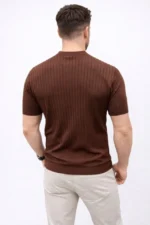 Erkek Kısa Kol Fitilli Triko T-Shirt Yazlık Hakim Yaka Tişört - Kahverengi - Görsel 3