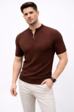 Erkek Kısa Kol Fitilli Triko T-Shirt Yazlık Hakim Yaka Tişört - Kahverengi - Görsel 4