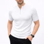 Erkek Kısa Kol Fitilli Triko T-Shirt Yazlık Hakim Yaka Tişört - Beyaz