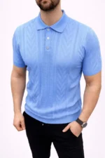 Erkek Yazlık Triko Tişört Kısa Kol Polo Yaka Düğmeli T-Shirt - Bebek Mavisi - Görsel 3