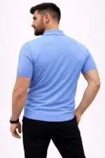 Erkek Yazlık Triko Tişört Kısa Kol Polo Yaka Düğmeli T-Shirt - Bebek Mavisi - Görsel 4