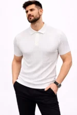 Erkek Yazlık Triko Tişört Kısa Kol Polo Yaka Düğmeli T-Shirt - Beyaz - Görsel 3