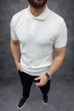 Erkek Yazlık Triko Tişört Kısa Kol Polo Yaka Düğmeli T-Shirt - Beyaz - Görsel 4