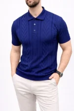 Erkek Yazlık Triko Tişört Kısa Kol Polo Yaka Düğmeli T-Shirt - Lacivert - Görsel 2