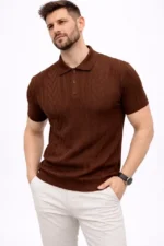 Erkek Yazlık Triko Tişört Kısa Kol Polo Yaka Düğmeli T-Shirt - Kahverengi - Görsel 2