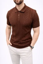 Erkek Yazlık Triko Tişört Kısa Kol Polo Yaka Düğmeli T-Shirt - Kahverengi - Görsel 4