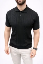 Erkek Yazlık Triko Tişört Kısa Kol Polo Yaka Düğmeli T-Shirt - Siyah - Görsel 3