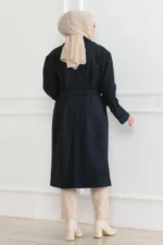 Kaşe Kaban Uzun Boy Kruvaze Yaka Kuşaklı Tesettür Kaşe Kaban Astarlı - Lacivert - Görsel 2