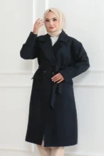 Kaşe Kaban Uzun Boy Kruvaze Yaka Kuşaklı Tesettür Kaşe Kaban Astarlı - Lacivert - Görsel 3