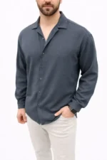 Erkek Aerobin Kumaş Oversize 4 Mevsim Uzun Kollu Rahat Kalıp Gömlek - Füme