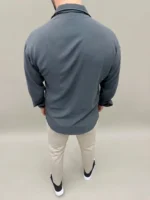 Erkek Aerobin Kumaş Oversize 4 Mevsim Uzun Kollu Rahat Kalıp Gömlek - Füme - Görsel 3