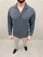 Erkek Aerobin Kumaş Oversize 4 Mevsim Uzun Kollu Rahat Kalıp Gömlek - Füme - Görsel 4