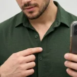 Erkek Aerobin Kumaş Oversize 4 Mevsim Uzun Kollu Rahat Kalıp Gömlek - Haki