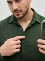 Erkek Aerobin Kumaş Oversize 4 Mevsim Uzun Kollu Rahat Kalıp Gömlek - Haki