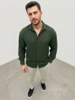 Erkek Aerobin Kumaş Oversize 4 Mevsim Uzun Kollu Rahat Kalıp Gömlek - Haki - Görsel 2