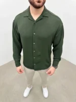 Erkek Aerobin Kumaş Oversize 4 Mevsim Uzun Kollu Rahat Kalıp Gömlek - Haki - Görsel 4