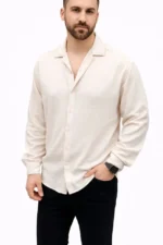 Erkek Aerobin Kumaş Oversize 4 Mevsim Uzun Kollu Rahat Kalıp Gömlek - Bej - Görsel 2