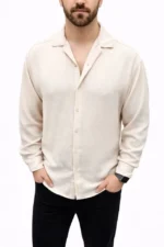 Erkek Aerobin Kumaş Oversize 4 Mevsim Uzun Kollu Rahat Kalıp Gömlek - Bej - Görsel 4