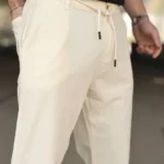 Erkek Keten Cepli Pantolon Lastikli Bel Bağcıklı Önden Fermuarlı - Krem