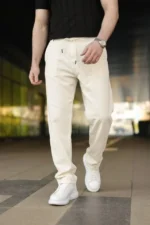 Erkek Keten Cepli Pantolon Lastikli Bel Bağcıklı Önden Fermuarlı - Krem - Görsel 3