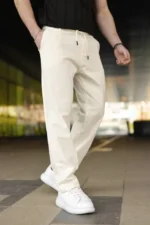 Erkek Keten Cepli Pantolon Lastikli Bel Bağcıklı Önden Fermuarlı - Krem - Görsel 4