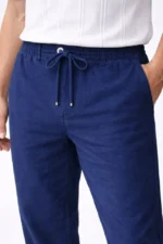 Erkek Keten Cepli Pantolon Lastikli Bel Bağcıklı Önden Fermuarlı - İndigo - Görsel 3