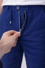Erkek Keten Cepli Pantolon Lastikli Bel Bağcıklı Önden Fermuarlı - İndigo - Görsel 4