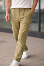 Erkek Keten Cepli Pantolon Lastikli Bel Bağcıklı Önden Fermuarlı - Mint Yeşili