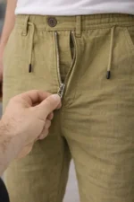 Erkek Keten Cepli Pantolon Lastikli Bel Bağcıklı Önden Fermuarlı - Mint Yeşili - Görsel 2