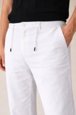 Erkek Keten Cepli Pantolon Lastikli Bel Bağcıklı Önden Fermuarlı - Beyaz - Görsel 2