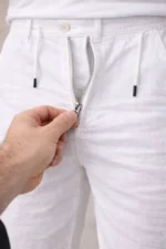 Erkek Keten Cepli Pantolon Lastikli Bel Bağcıklı Önden Fermuarlı - Beyaz - Görsel 3