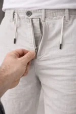 Erkek Keten Cepli Pantolon Lastikli Bel Bağcıklı Önden Fermuarlı - Gri - Görsel 3