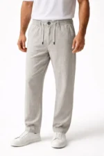 Erkek Keten Cepli Pantolon Lastikli Bel Bağcıklı Önden Fermuarlı - Gri - Görsel 4