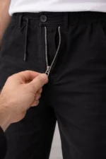 Erkek Keten Cepli Pantolon Lastikli Bel Bağcıklı Önden Fermuarlı - Siyah - Görsel 2