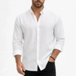 Erkek KETEN Kumaş Oversize Uzun Kollu Rahat Kalıp Gömlek - Beyaz