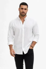 Erkek KETEN Kumaş Oversize Uzun Kollu Rahat Kalıp Gömlek - Beyaz