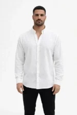 Erkek KETEN Kumaş Oversize Uzun Kollu Rahat Kalıp Gömlek - Beyaz - Görsel 3
