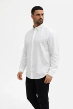 Erkek KETEN Kumaş Oversize Uzun Kollu Rahat Kalıp Gömlek - Beyaz - Görsel 4